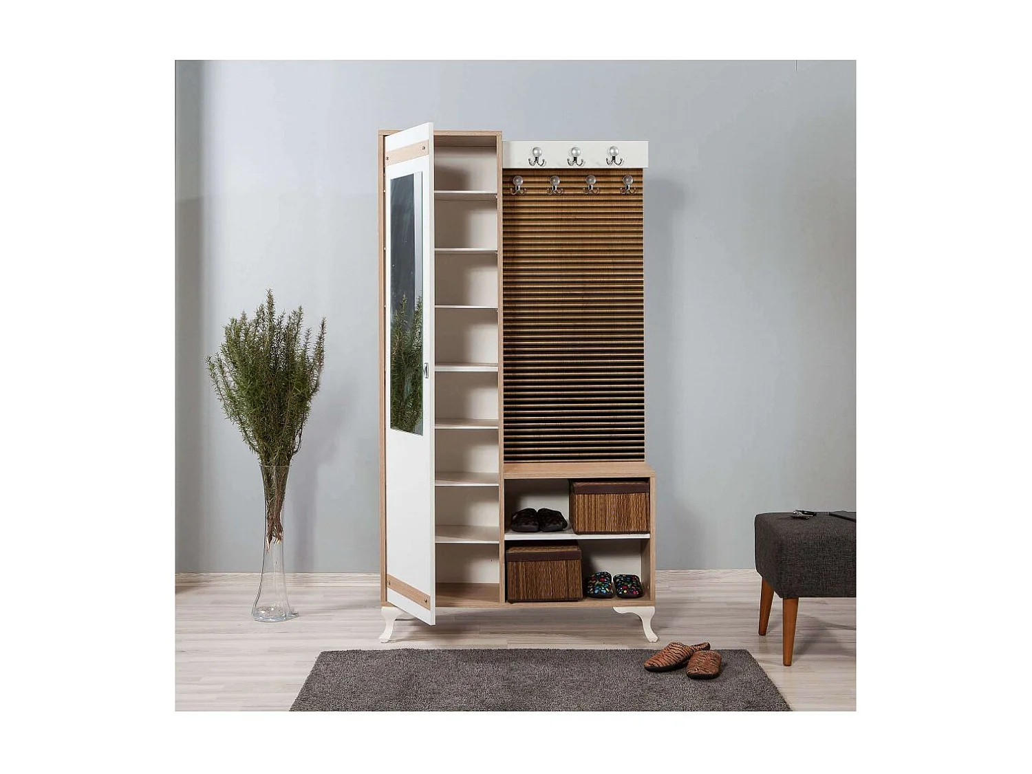 Meuble d'entré avec miroir Ayfara L100xH190cm Bois clair, Blanc et Motif rayures dégradé Jaune