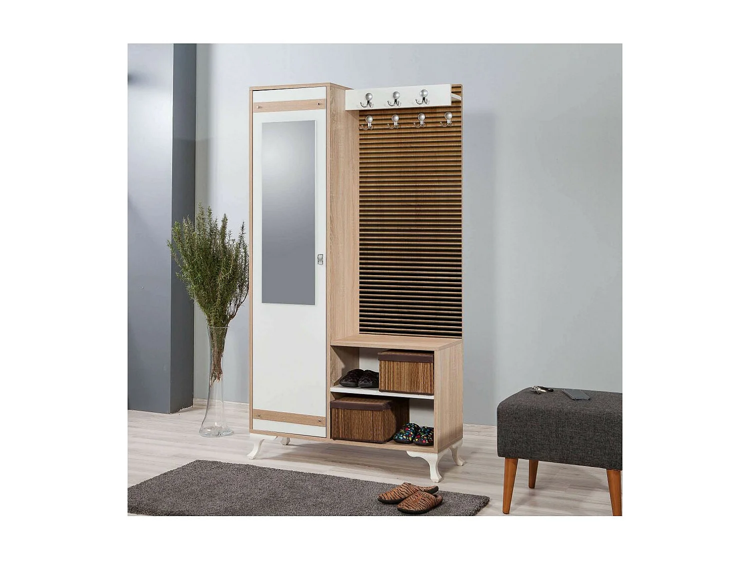 Meuble d'entré avec miroir Ayfara L100xH190cm Bois clair, Blanc et Motif rayures dégradé Jaune