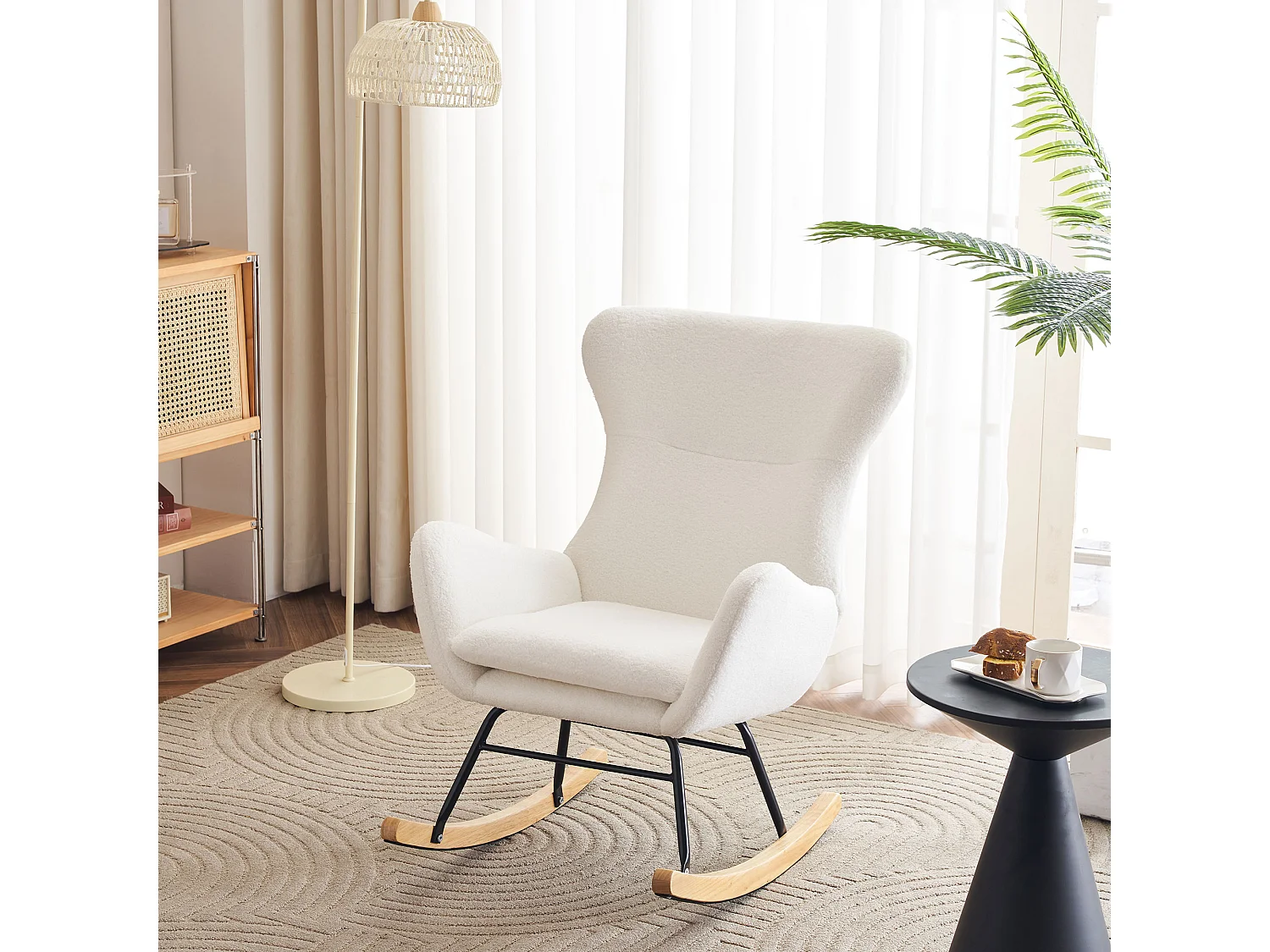 Fotel bujany, fotel wypoczynkowy - pluszowa tkanina - 68 x 96 x 90 cm - styl nowoczesny - biały