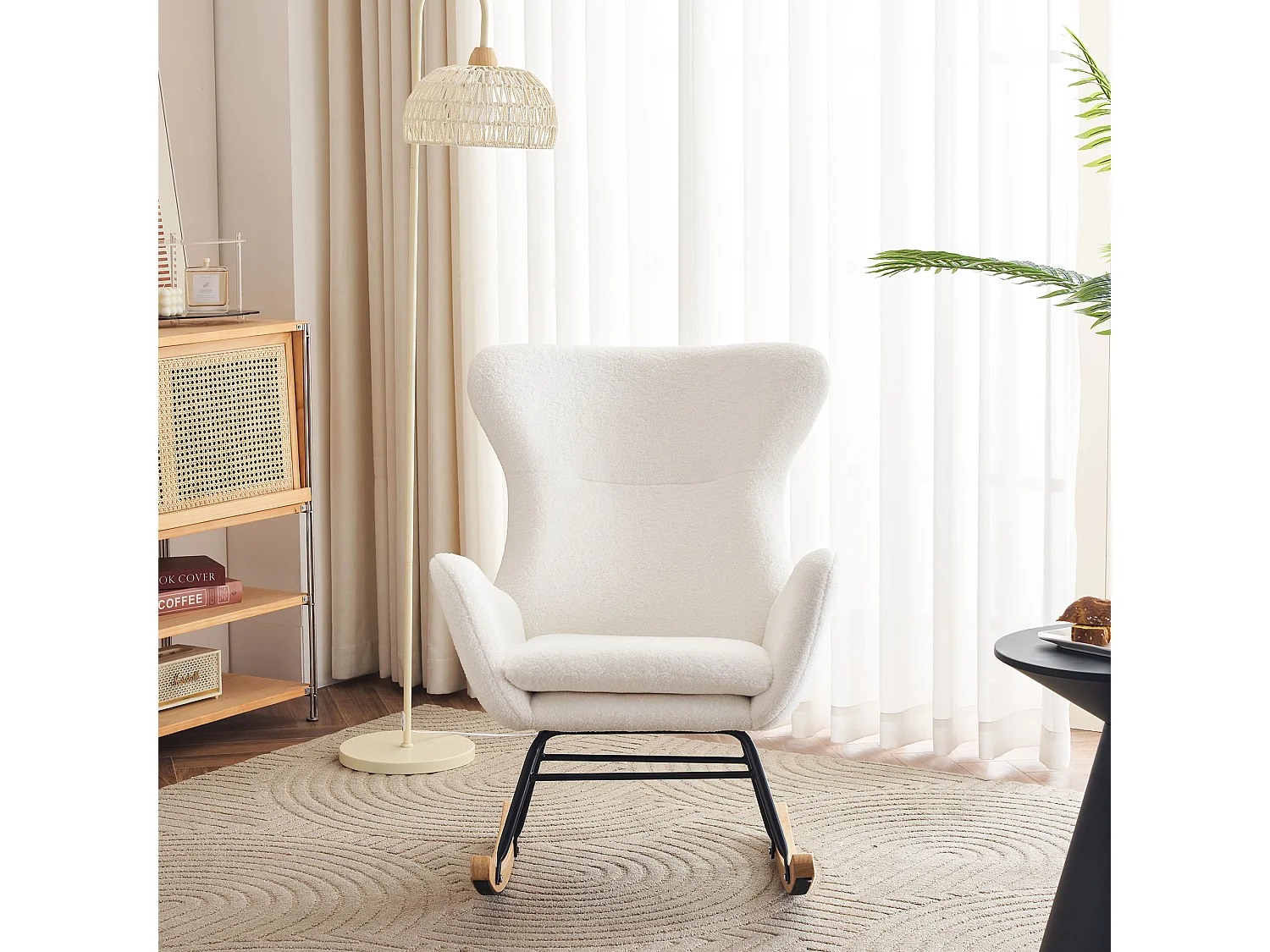 Fotel bujany, fotel wypoczynkowy - pluszowa tkanina - 68 x 96 x 90 cm - styl nowoczesny - biały