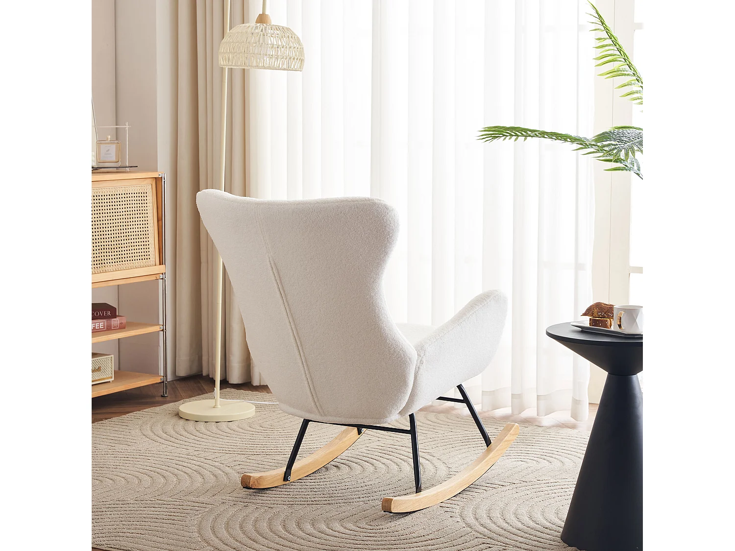 Fotel bujany, fotel wypoczynkowy - pluszowa tkanina - 68 x 96 x 90 cm - styl nowoczesny - biały