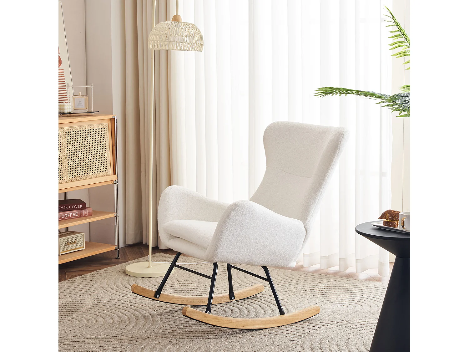 Fotel bujany, fotel wypoczynkowy - pluszowa tkanina - 68 x 96 x 90 cm - styl nowoczesny - biały