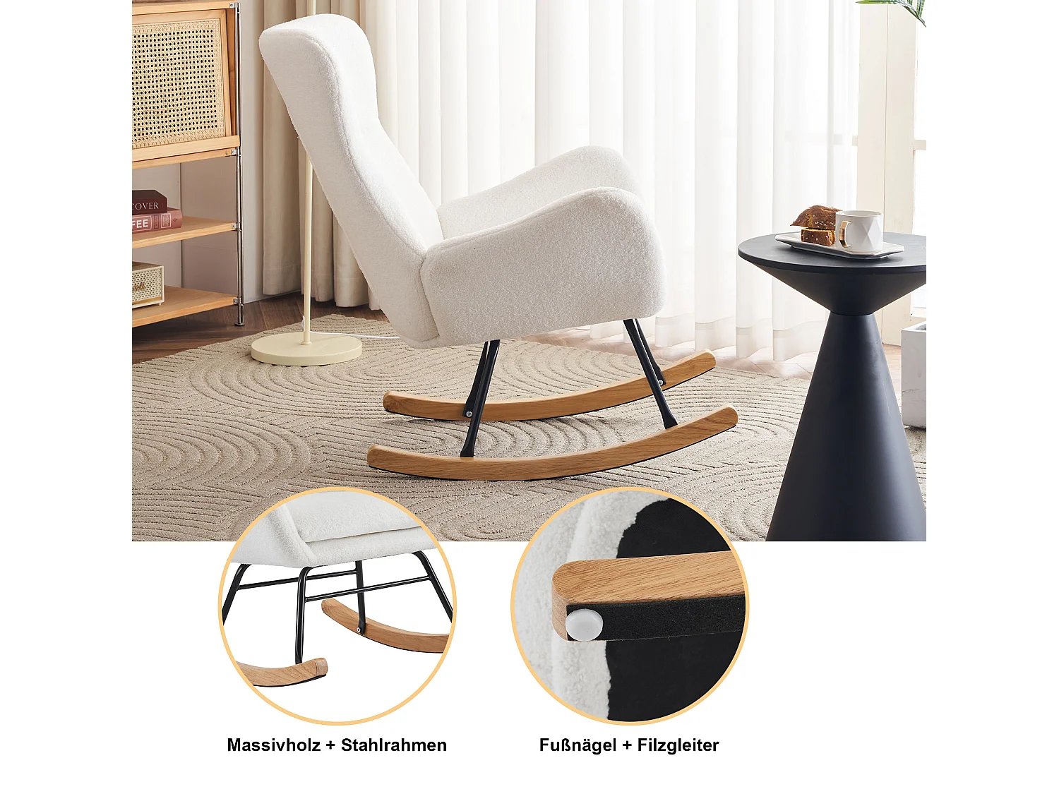 Fotel bujany, fotel wypoczynkowy - pluszowa tkanina - 68 x 96 x 90 cm - styl nowoczesny - biały