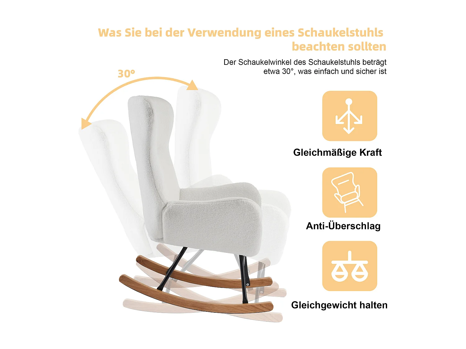 Fotel bujany, fotel wypoczynkowy - pluszowa tkanina - 68 x 96 x 90 cm - styl nowoczesny - biały