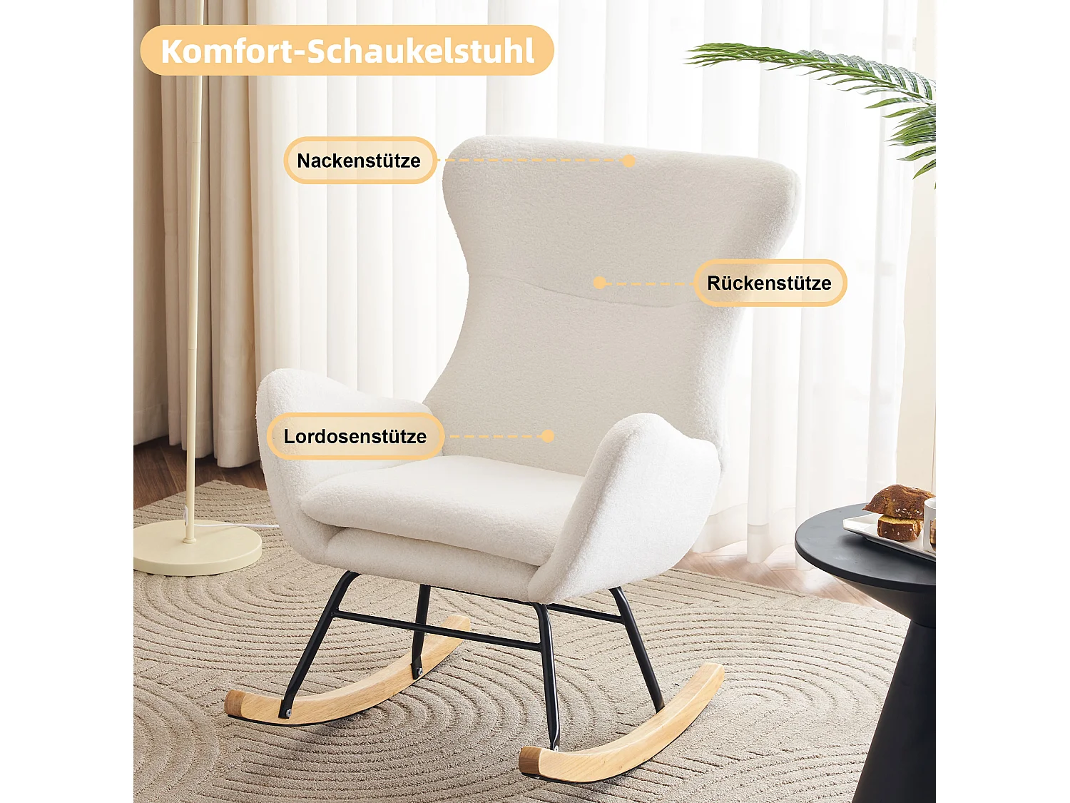 Fotel bujany, fotel wypoczynkowy - pluszowa tkanina - 68 x 96 x 90 cm - styl nowoczesny - biały