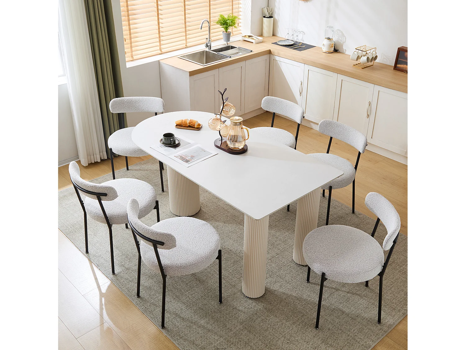 Set di 6 sedie per sala da pranzo - 48 x 56 x 74 cm - Tessuto Bouclè - Senza braccioli - Gambe in metallo - Bianco
