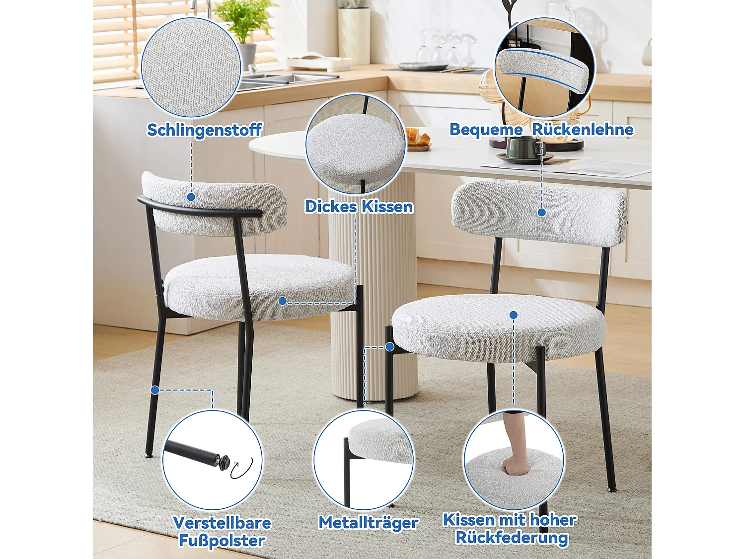 Set di 6 sedie per sala da pranzo - 48 x 56 x 74 cm - Tessuto Bouclè - Senza braccioli - Gambe in metallo - Bianco