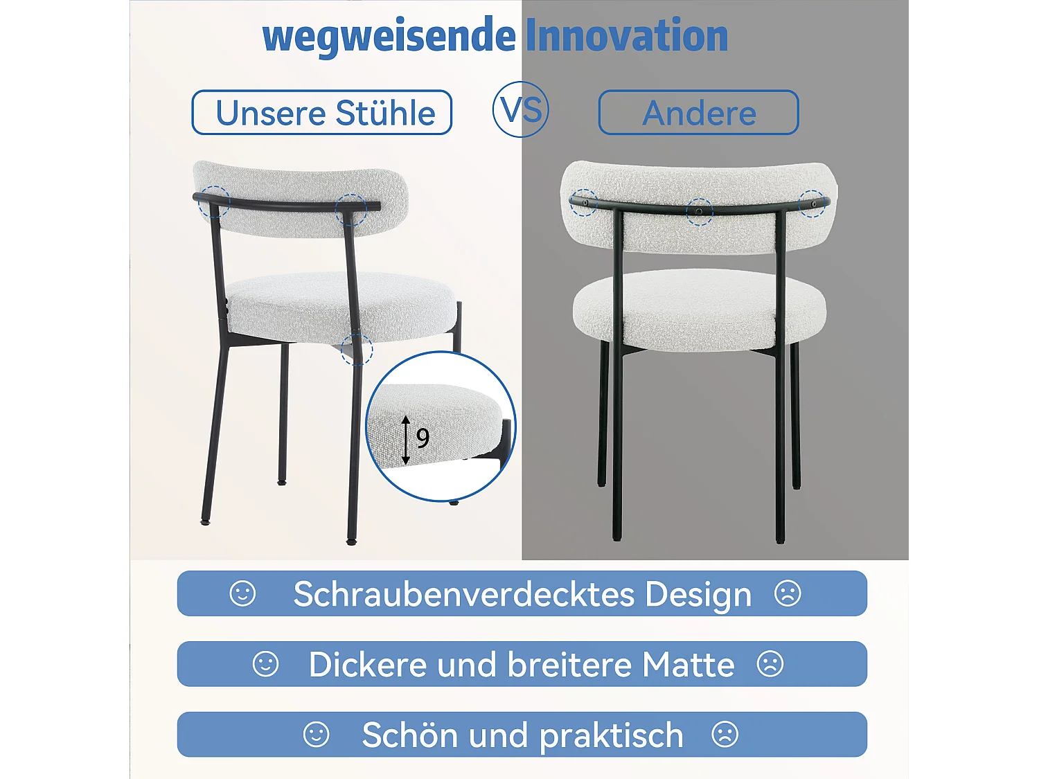 Set di 6 sedie per sala da pranzo - 48 x 56 x 74 cm - Tessuto Bouclè - Senza braccioli - Gambe in metallo - Bianco