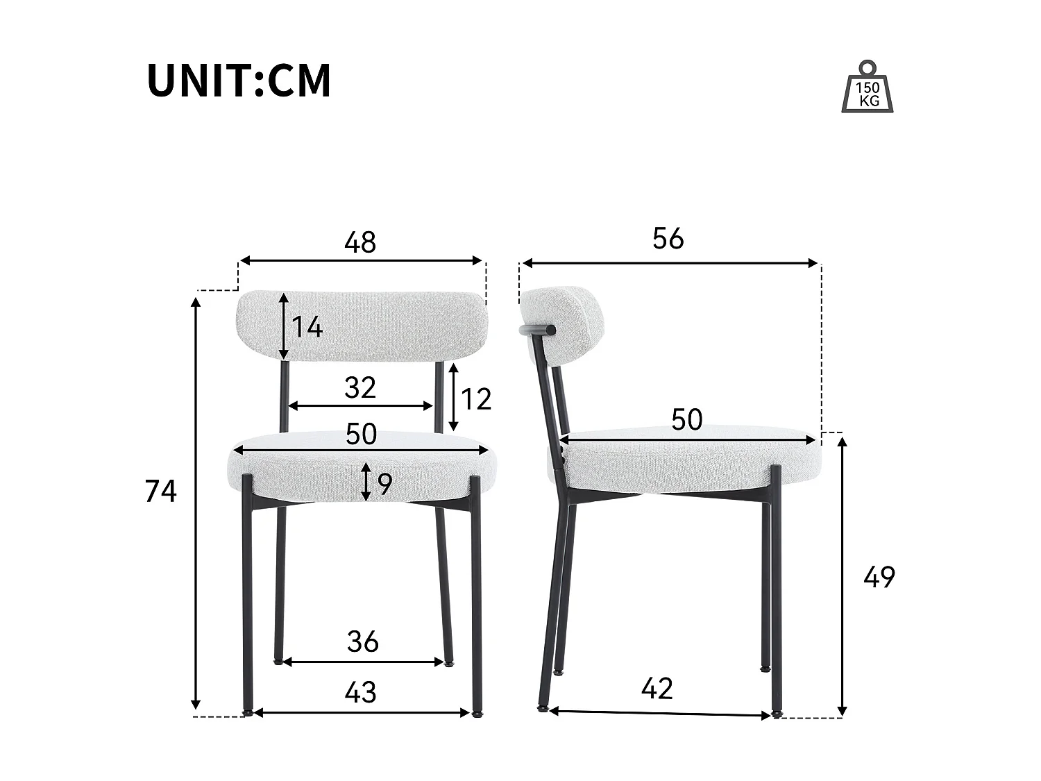 Set di 6 sedie per sala da pranzo - 48 x 56 x 74 cm - Tessuto Bouclè - Senza braccioli - Gambe in metallo - Bianco