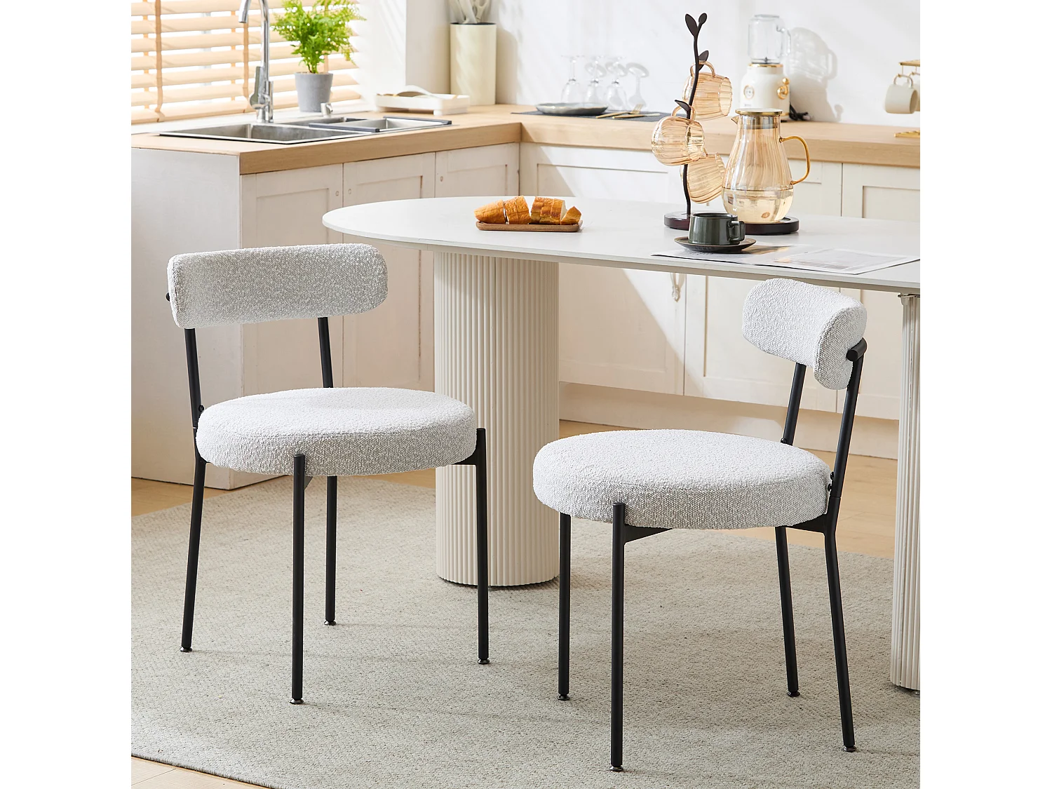 Set van 2 eetkamerstoelen - 48 x 56 x 74 cm - Boucle stof - Zonder armleuningen - Metalen poten - Wit