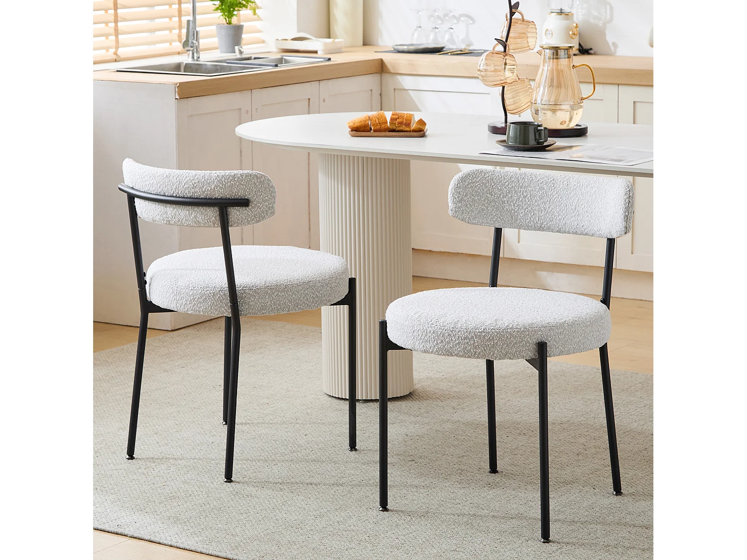 Set van 2 eetkamerstoelen - 48 x 56 x 74 cm - Boucle stof - Zonder armleuningen - Metalen poten - Wit