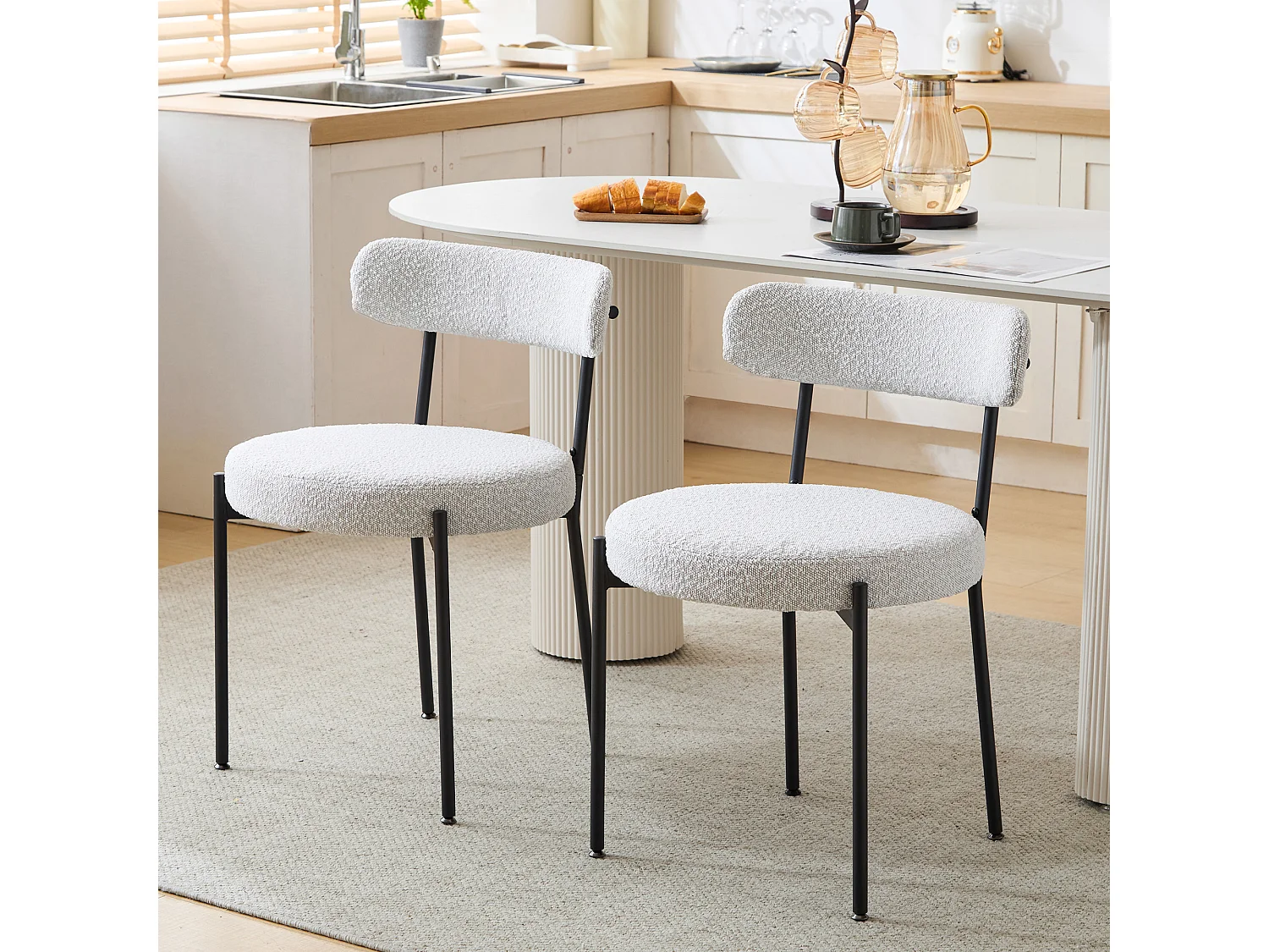 Set van 2 eetkamerstoelen - 48 x 56 x 74 cm - Boucle stof - Zonder armleuningen - Metalen poten - Wit