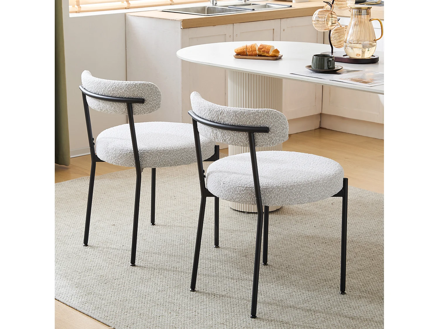 Set van 2 eetkamerstoelen - 48 x 56 x 74 cm - Boucle stof - Zonder armleuningen - Metalen poten - Wit