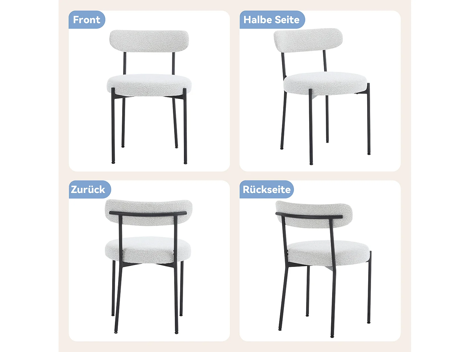 Set van 2 eetkamerstoelen - 48 x 56 x 74 cm - Boucle stof - Zonder armleuningen - Metalen poten - Wit