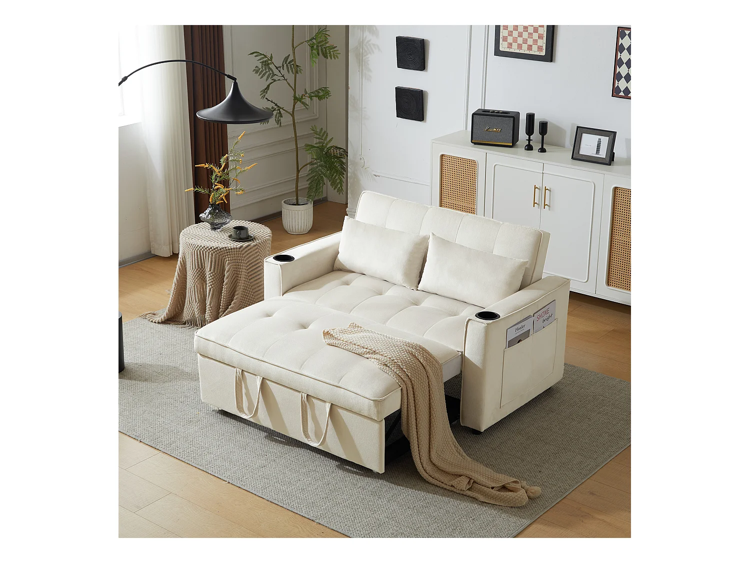 Canapé convertible 2 places, Canapé-lit pliant en velours - 137 x 76.5 x 86 cm - avec fonction sommeil - Beige