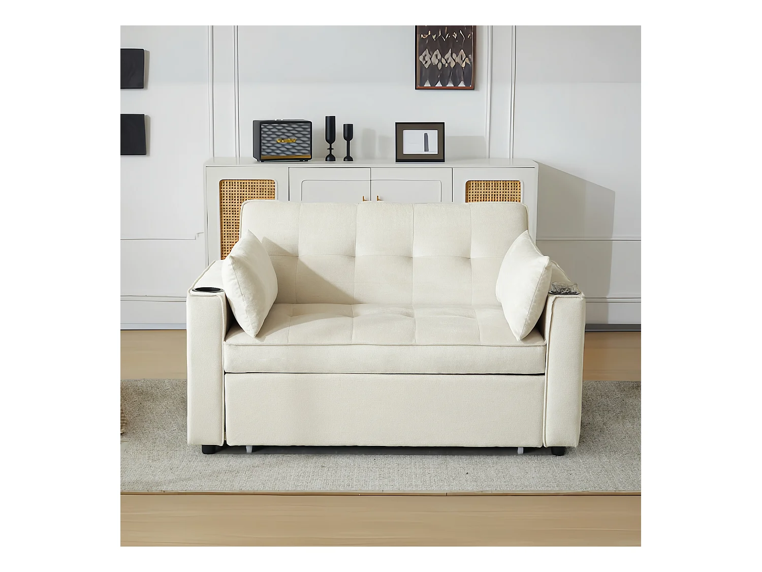 Umwandelbares Sofa, Klappschlafsofa aus Samt – 137 x 76,5 x 86 cm – mit Schlaffunktion – Beige