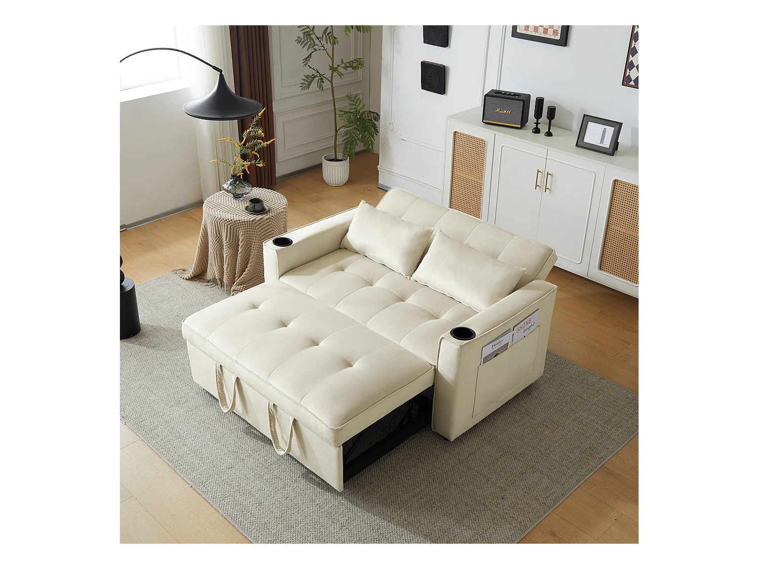 Umwandelbares Sofa, Klappschlafsofa aus Samt – 137 x 76,5 x 86 cm – mit Schlaffunktion – Beige