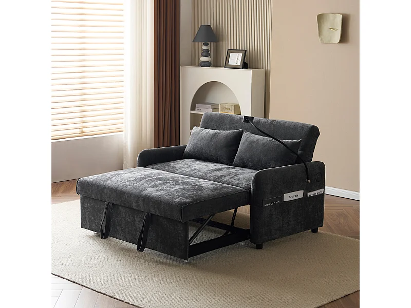 Sofá convertible de 2 plazas con respaldo regulable - Soporte y toma USB - Tejido chenilla - Función dormir - Gris