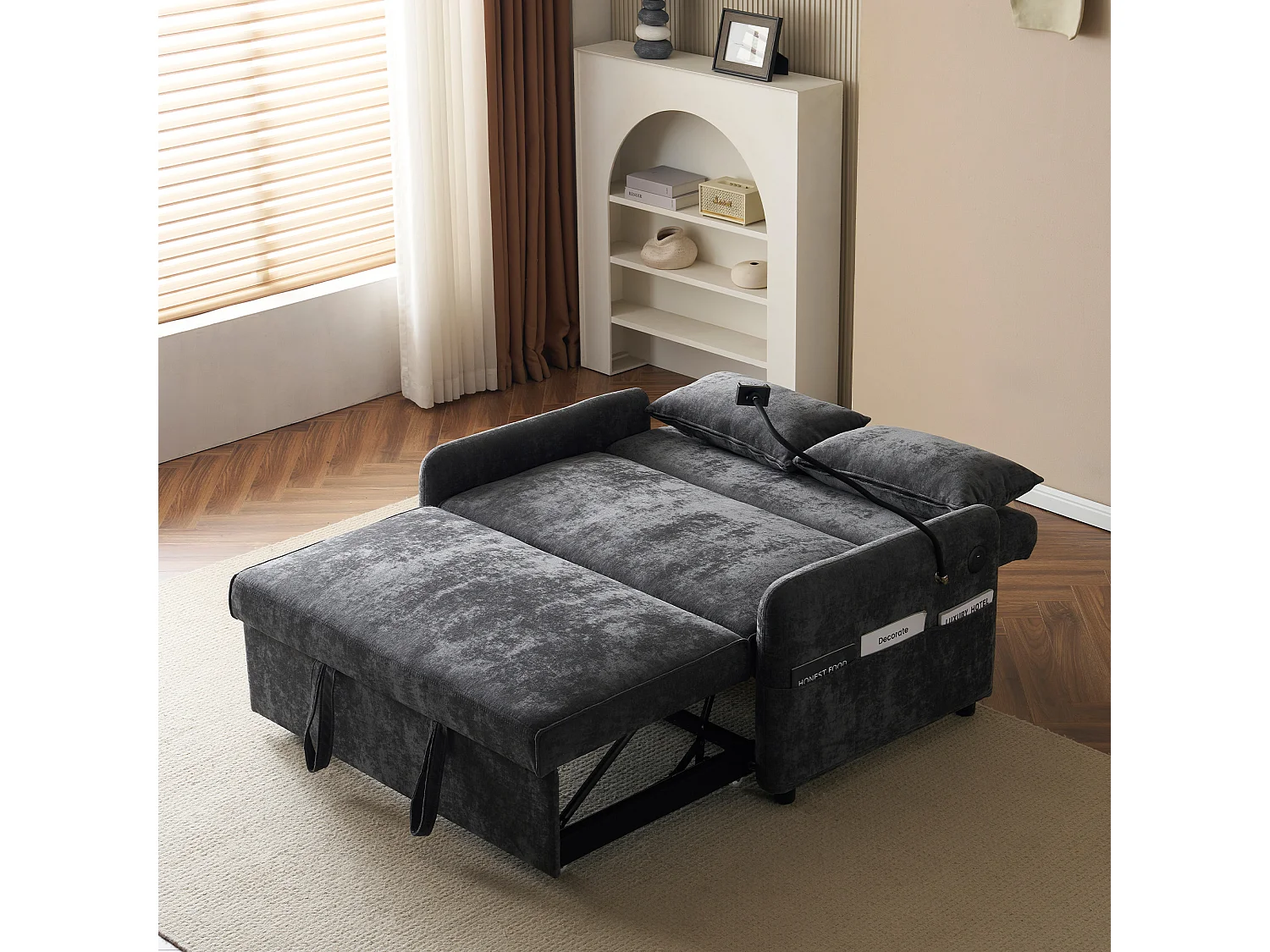 Canapé convertible 2 places avec dossier réglable - Support et prise USB - Tissu chenille - Fonction sommeil - Gris