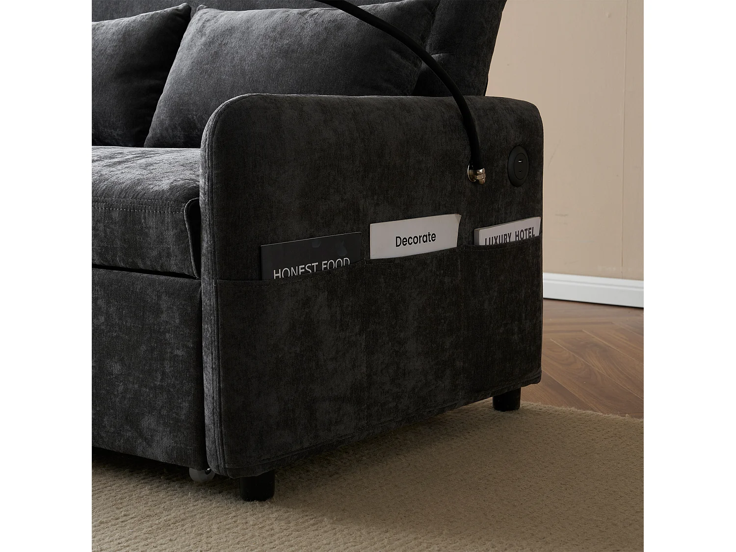 Canapé convertible 2 places avec dossier réglable - Support et prise USB - Tissu chenille - Fonction sommeil - Gris