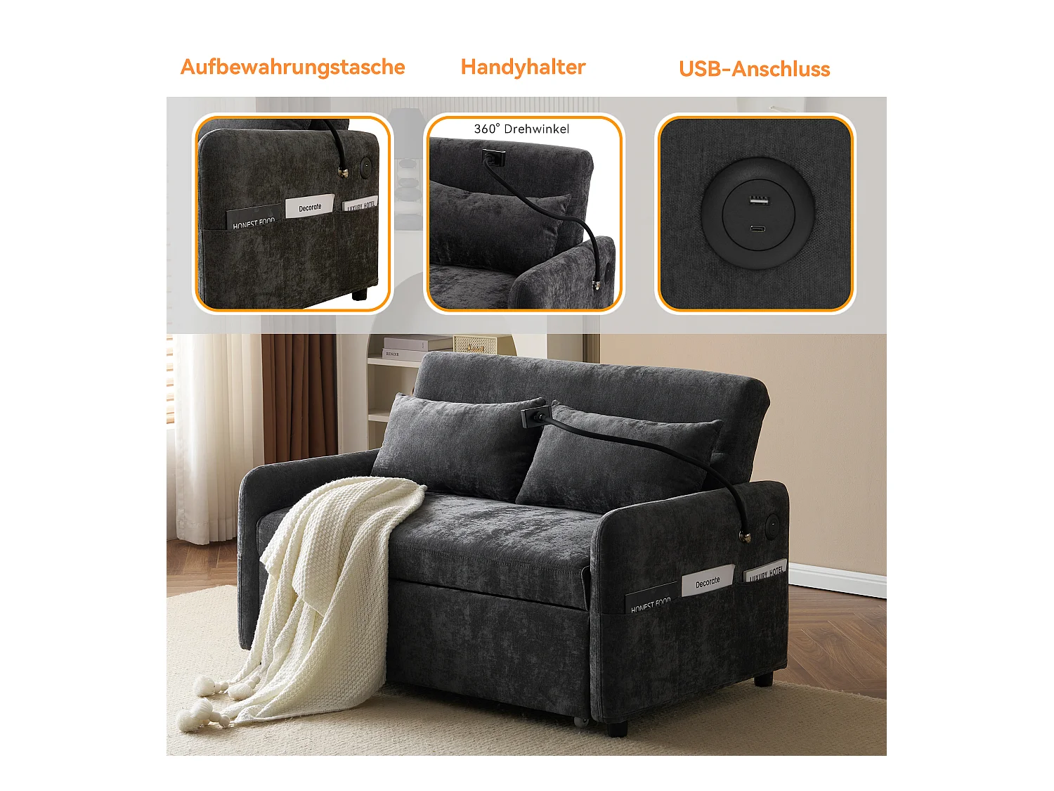 Canapé convertible 2 places avec dossier réglable - Support et prise USB - Tissu chenille - Fonction sommeil - Gris