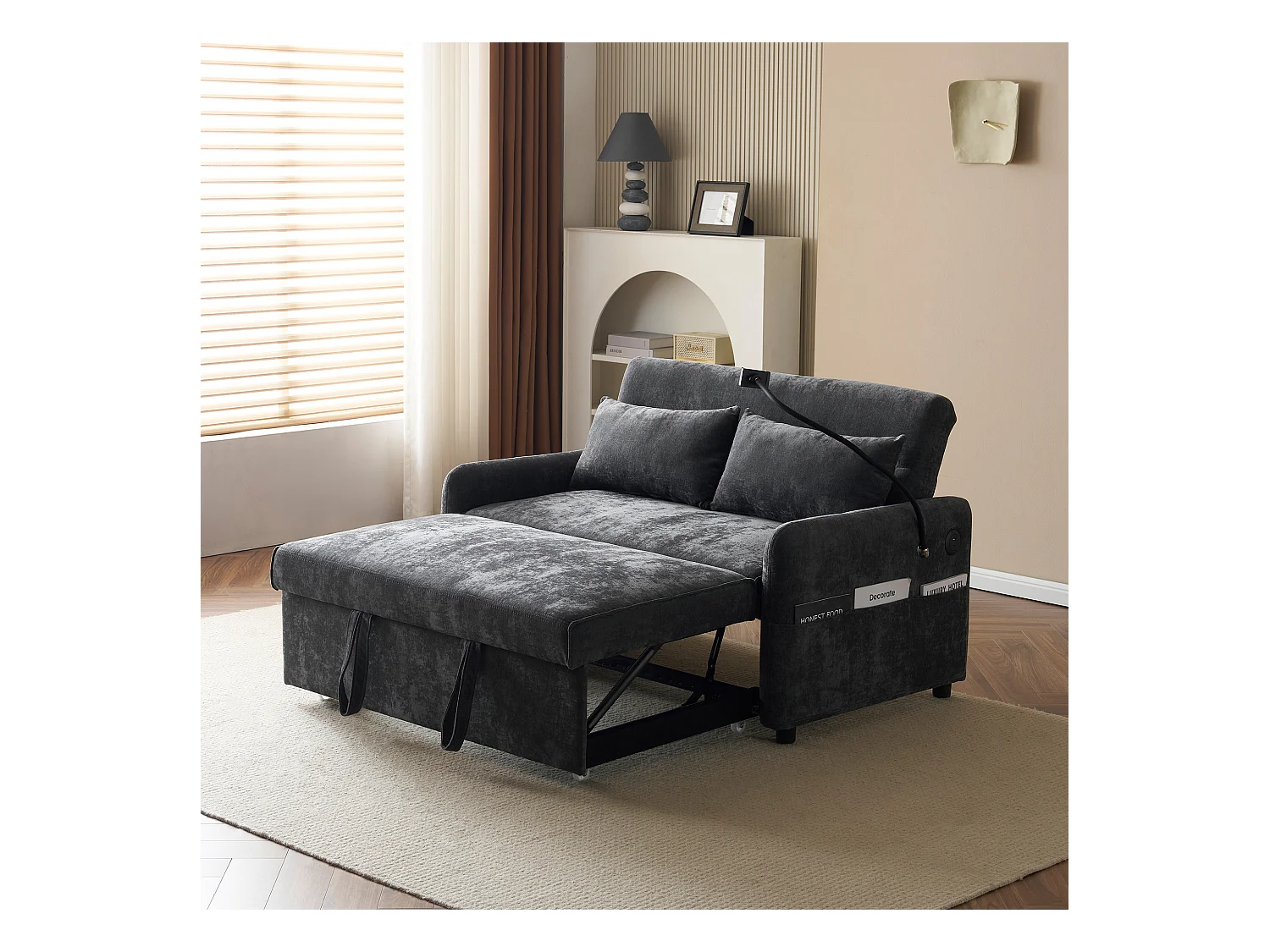 Canapé convertible 2 places avec dossier réglable - Support et prise USB - Tissu chenille - Fonction sommeil - Gris