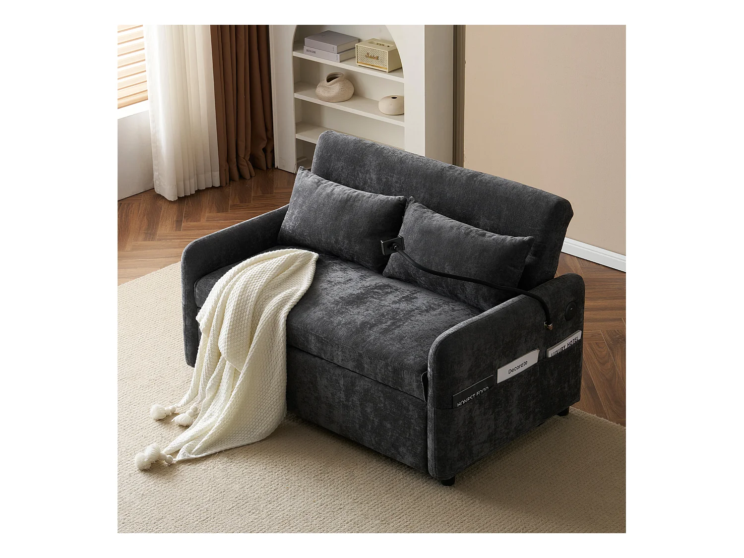 Divano trasformabile 2 posti con schienale regolabile - Supporto e presa USB - Tessuto Ciniglia - Funzione sleep - Grigio