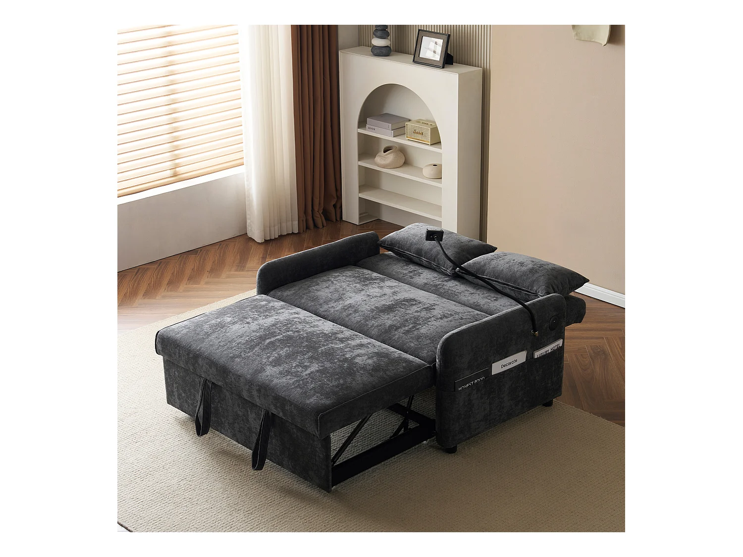 Divano trasformabile 2 posti con schienale regolabile - Supporto e presa USB - Tessuto Ciniglia - Funzione sleep - Grigio