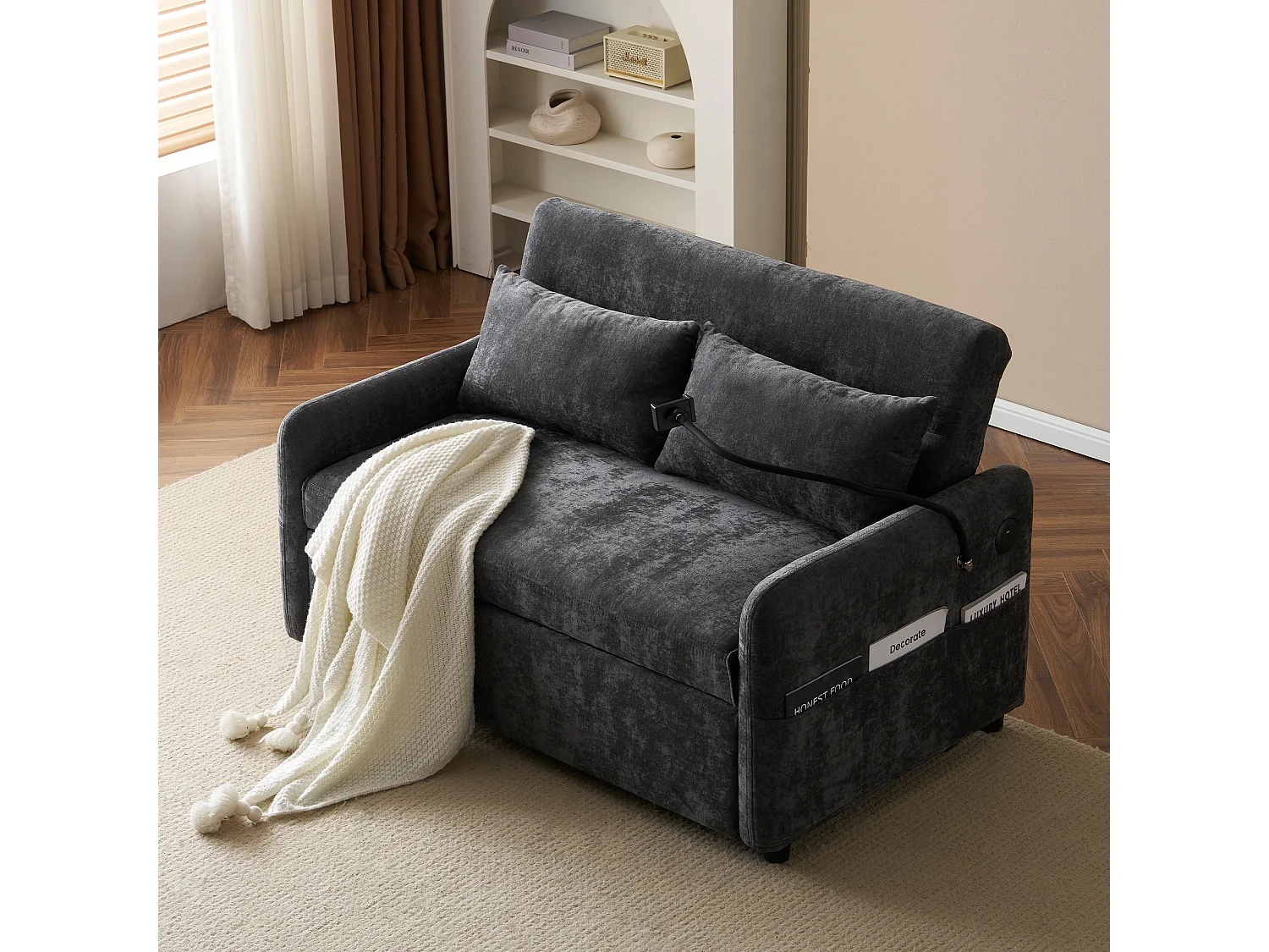 Divano trasformabile 2 posti con schienale regolabile - Supporto e presa USB - Tessuto Ciniglia - Funzione sleep - Grigio