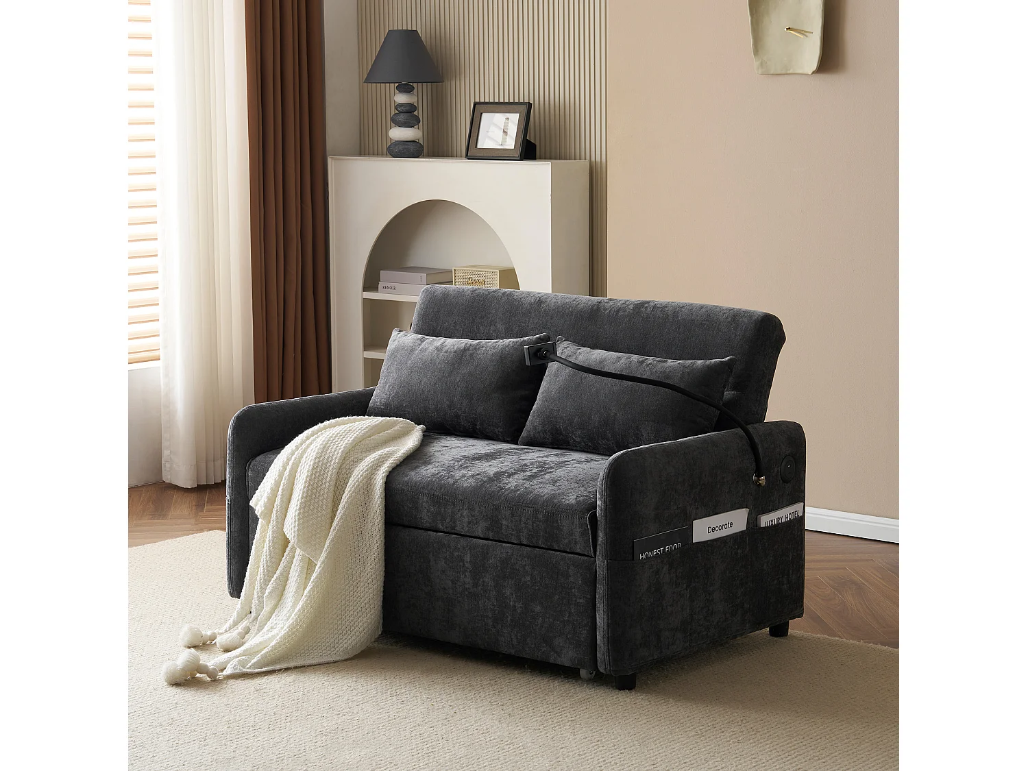 Canapé convertible 2 places avec dossier réglable - Support et prise USB - Tissu chenille - Fonction sommeil - Gris