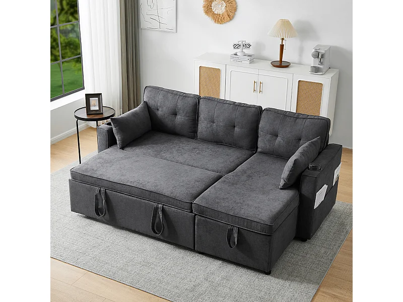 Sofá esquinero convertible de 3 plazas con almacenaje y portavasos - Función dormir - Algodón y lino - Gris