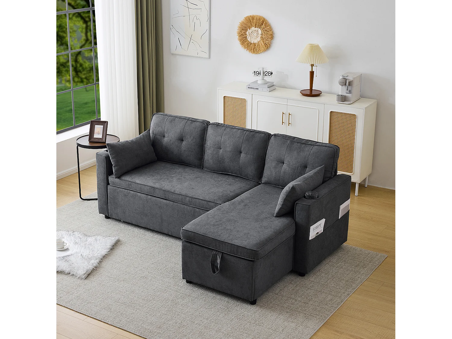 Canape d'angle convertible 3 places avec rangement et porte-gobelet - Fonction sommeil - Coton et lin - Gris