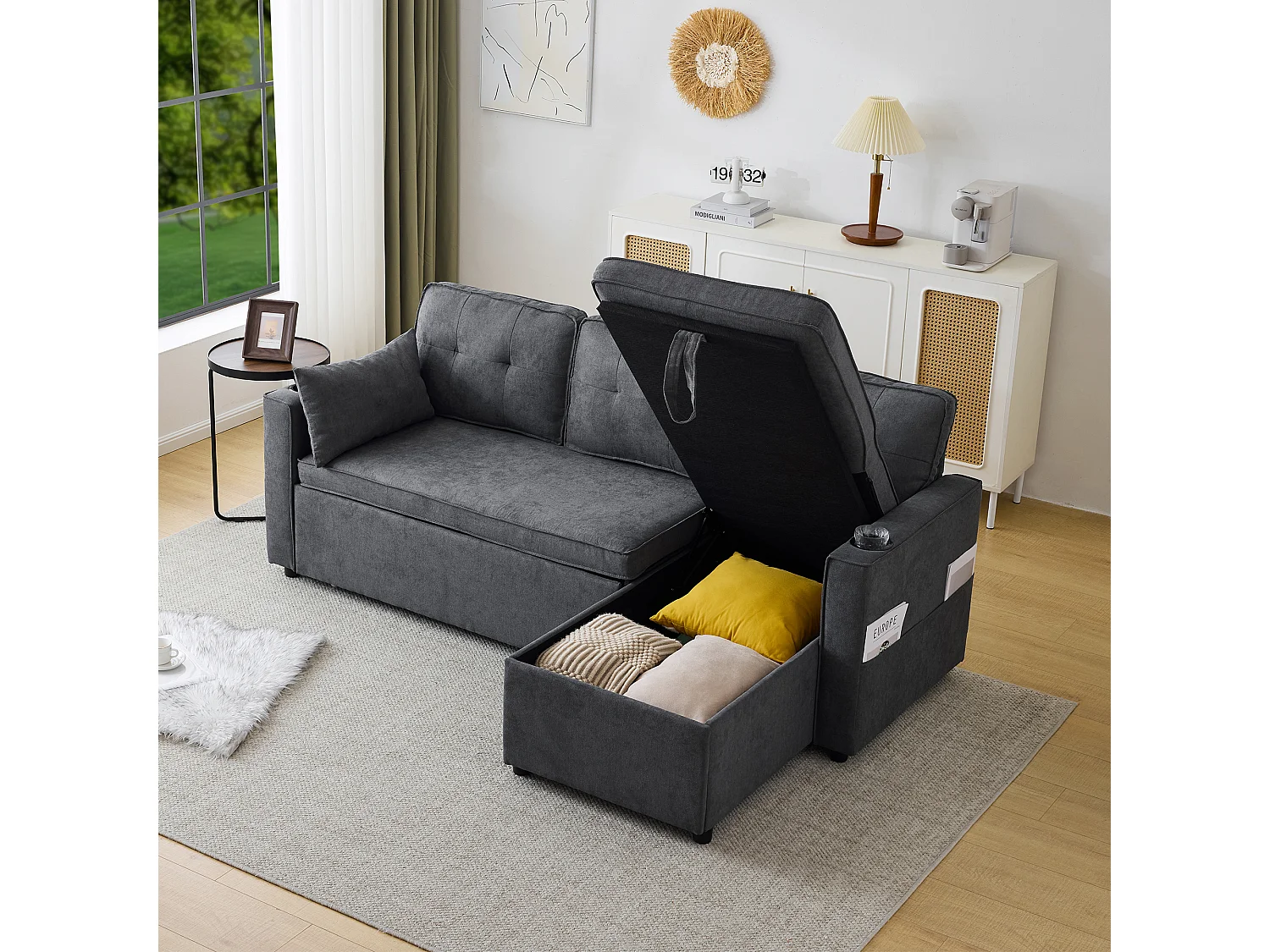 Canape d'angle convertible 3 places avec rangement et porte-gobelet - Fonction sommeil - Coton et lin - Gris