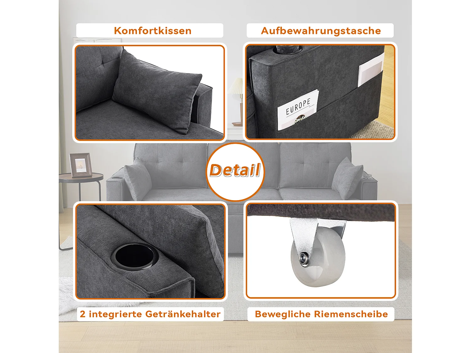 Canape d'angle convertible 3 places avec rangement et porte-gobelet - Fonction sommeil - Coton et lin - Gris