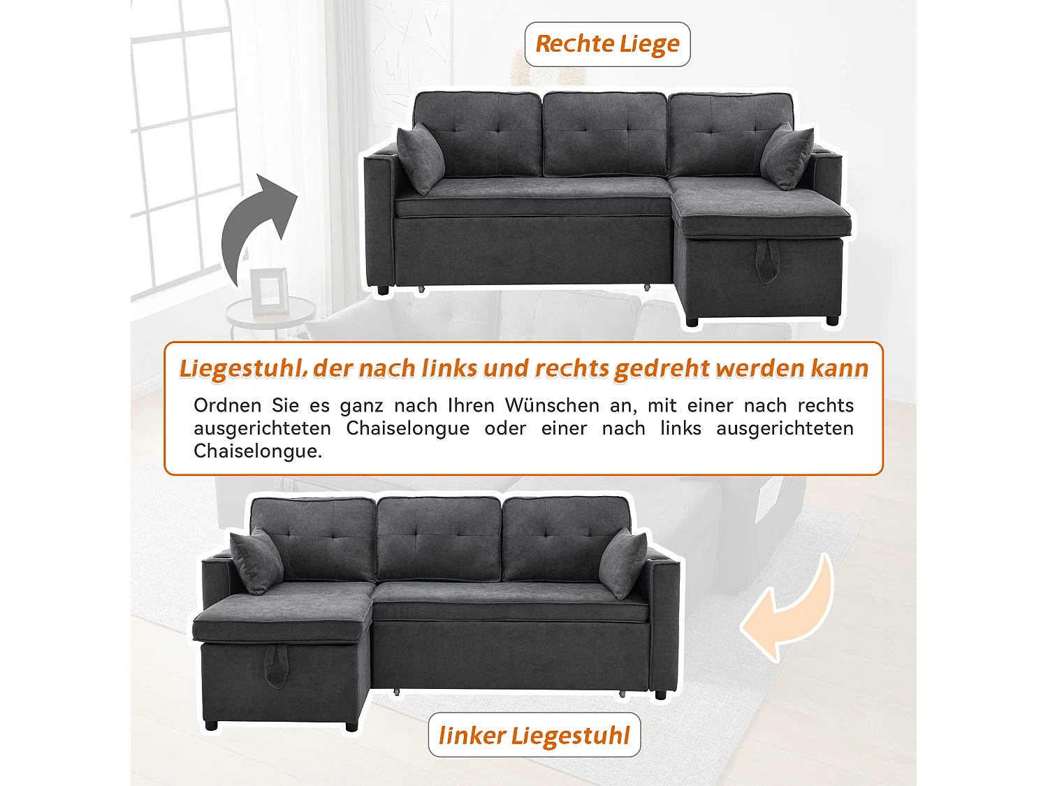 Canape d'angle convertible 3 places avec rangement et porte-gobelet - Fonction sommeil - Coton et lin - Gris