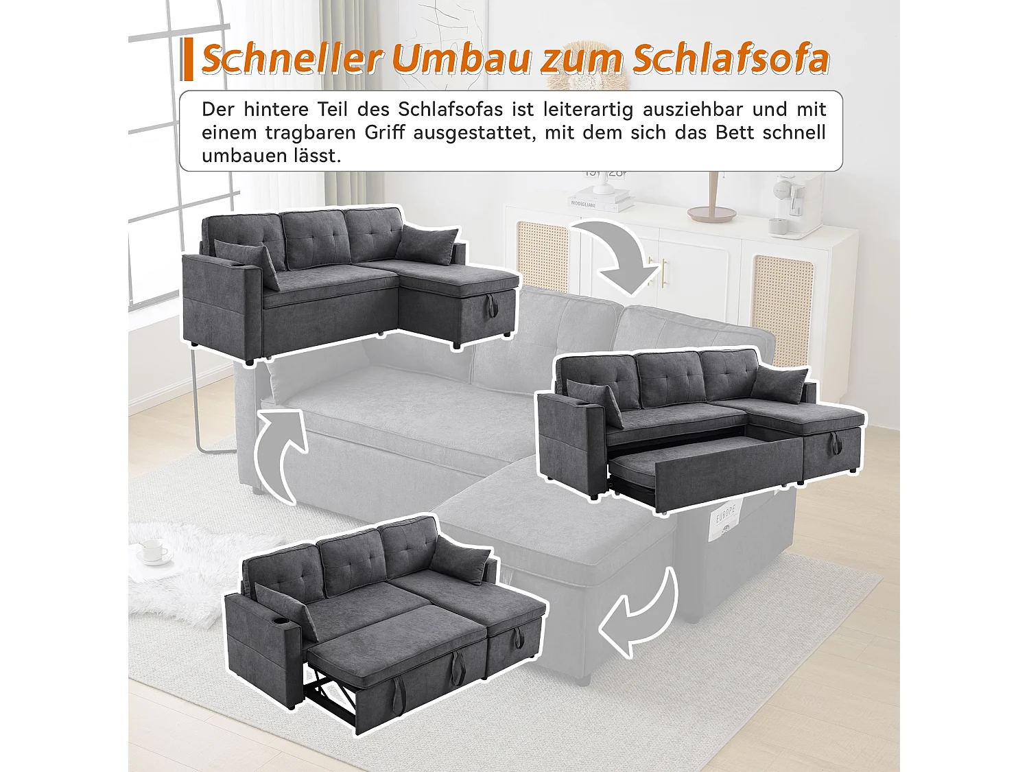 Canape d'angle convertible 3 places avec rangement et porte-gobelet - Fonction sommeil - Coton et lin - Gris