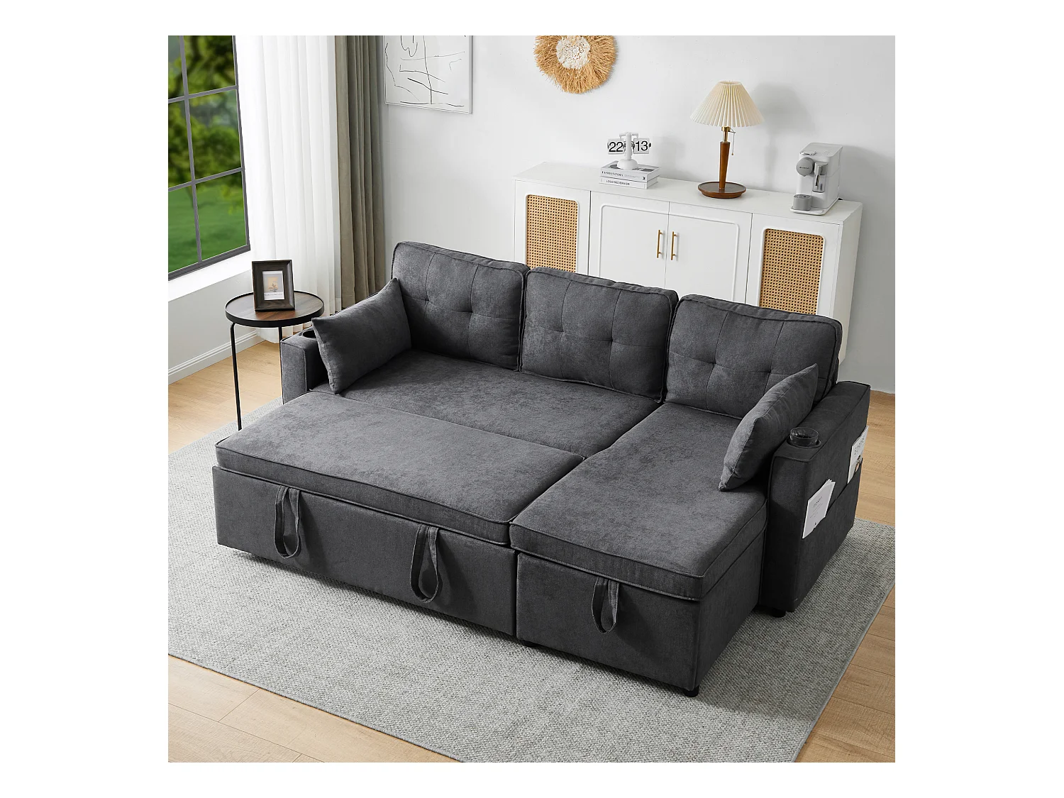 Canape d'angle convertible 3 places avec rangement et porte-gobelet - Fonction sommeil - Coton et lin - Gris