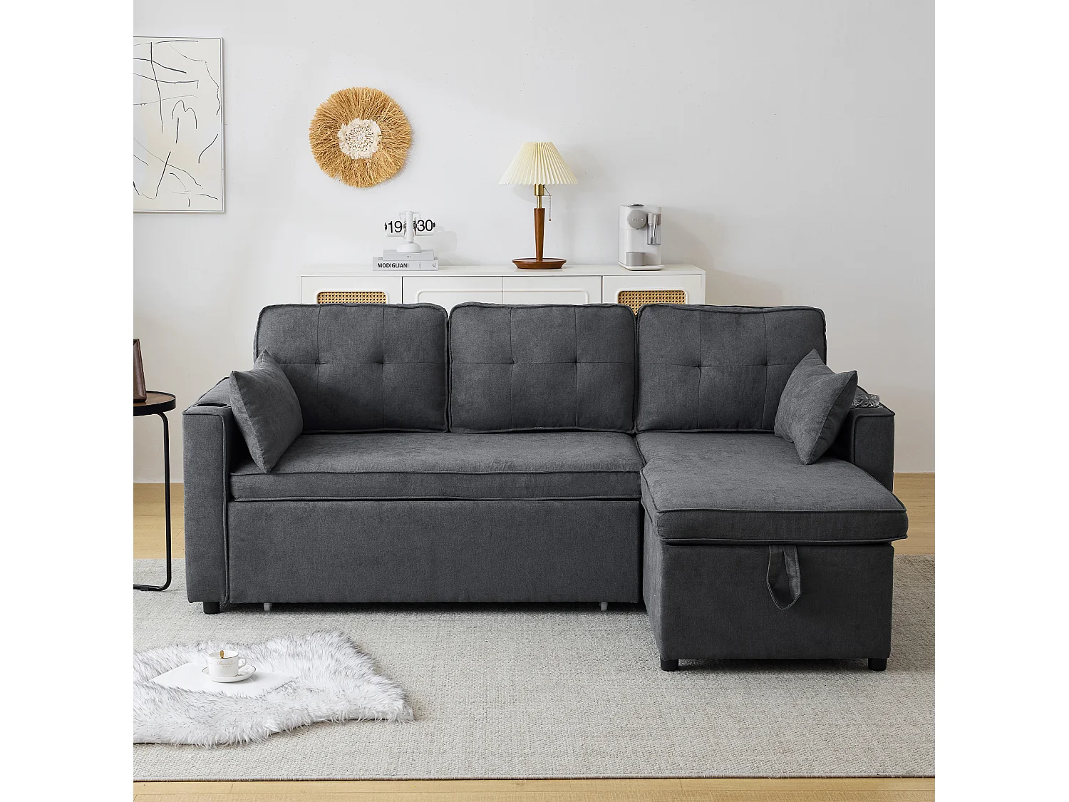 Canape d'angle convertible 3 places avec rangement et porte-gobelet - Fonction sommeil - Coton et lin - Gris