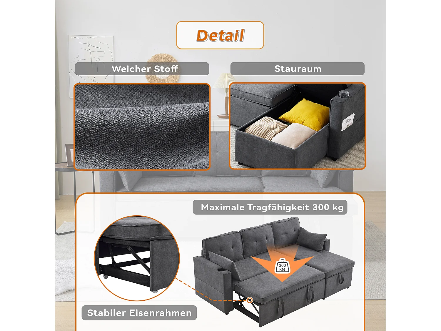 Canape d'angle convertible 3 places avec rangement et porte-gobelet - Fonction sommeil - Coton et lin - Gris