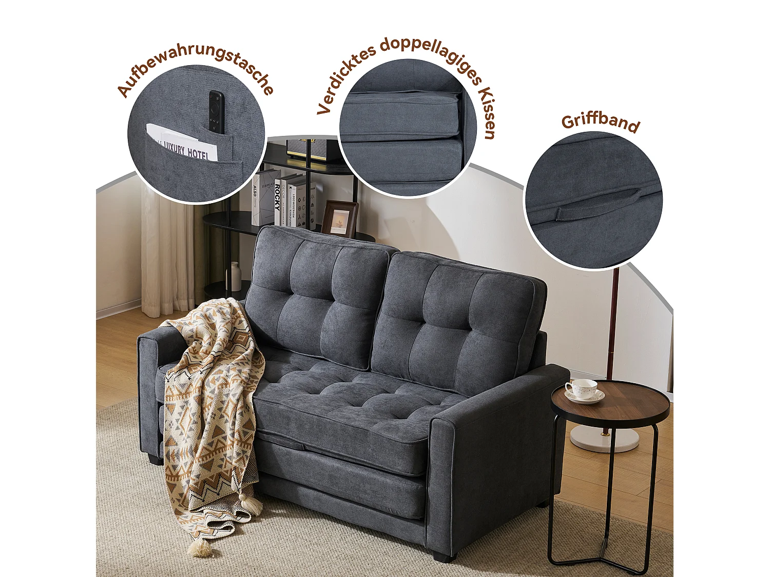 Divano trasformabile a 2 posti con funzione sleep, divano letto - 151 x 205 x 86 cm - Grigio scuro