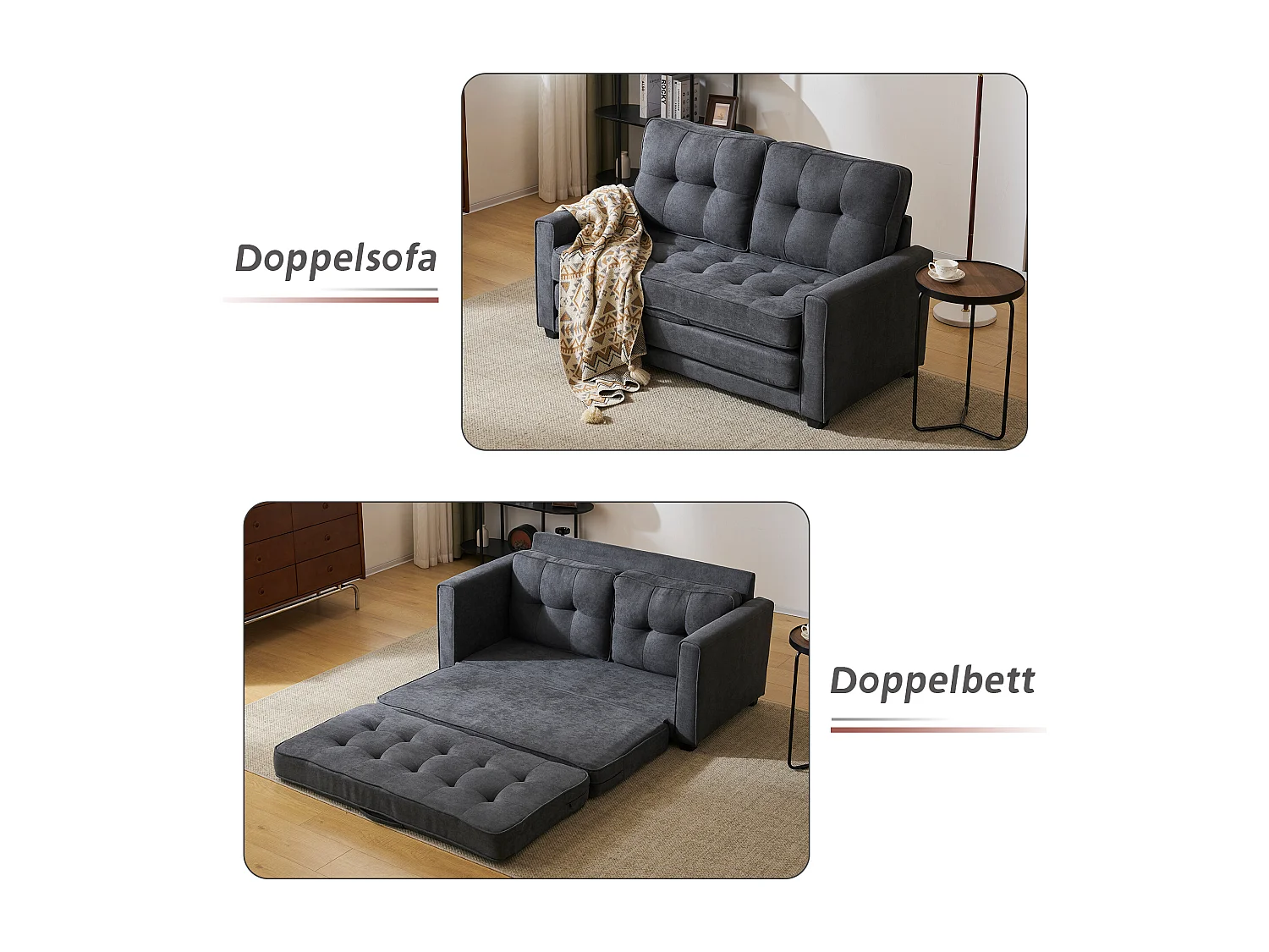 Divano trasformabile a 2 posti con funzione sleep, divano letto - 151 x 205 x 86 cm - Grigio scuro