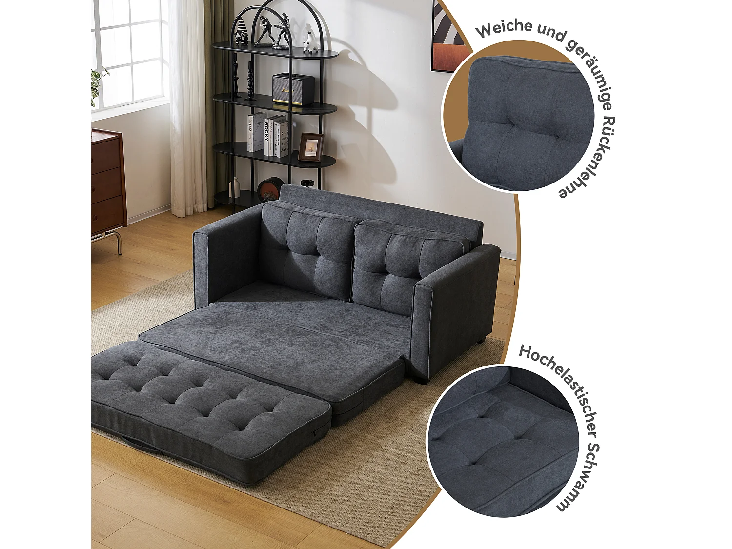 Divano trasformabile a 2 posti con funzione sleep, divano letto - 151 x 205 x 86 cm - Grigio scuro