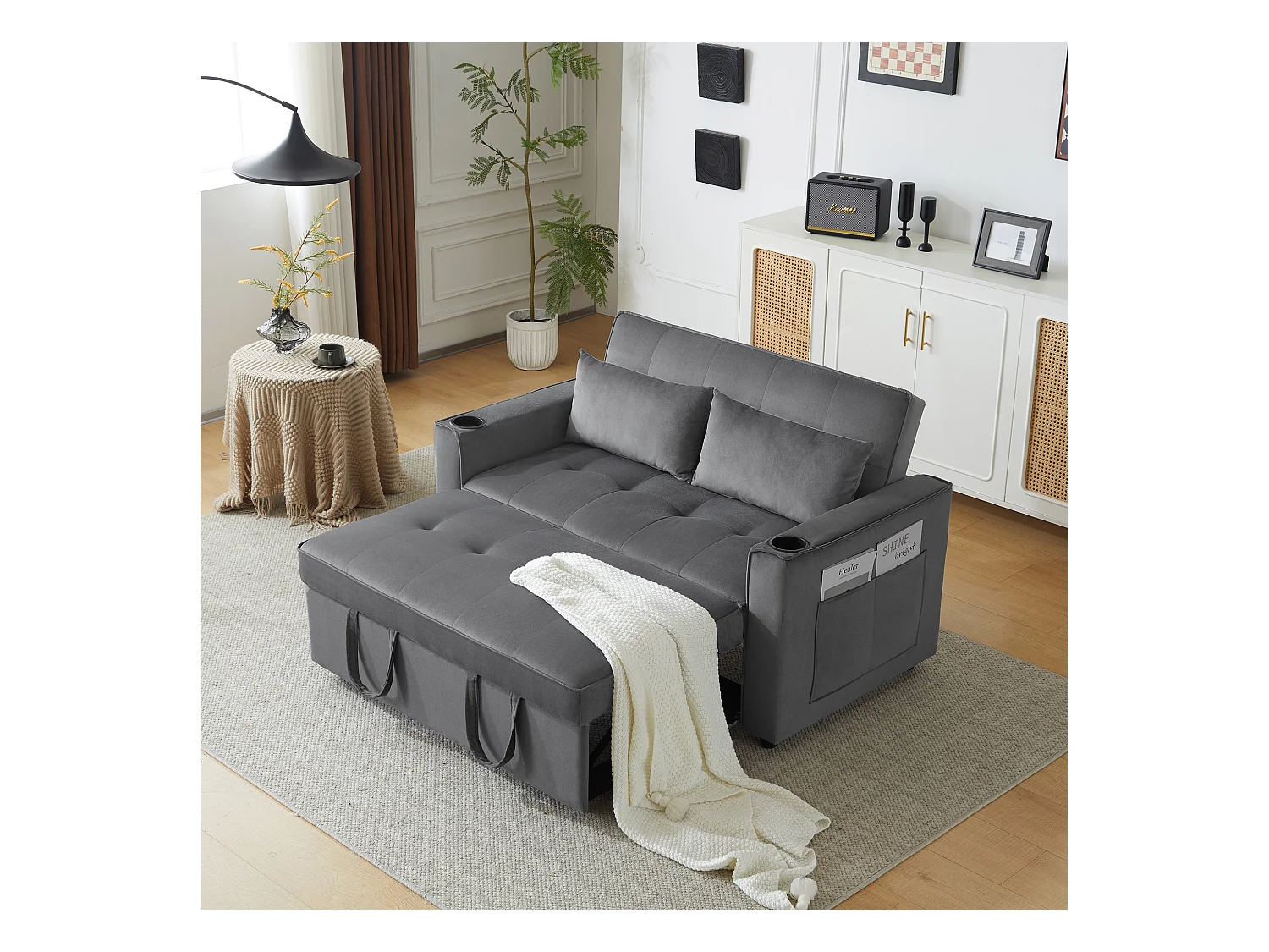 Canapé convertible 2 places, Canapé-lit pliant en velours - 137 x 76.5 x 86 cm - avec fonction sommeil - Gris