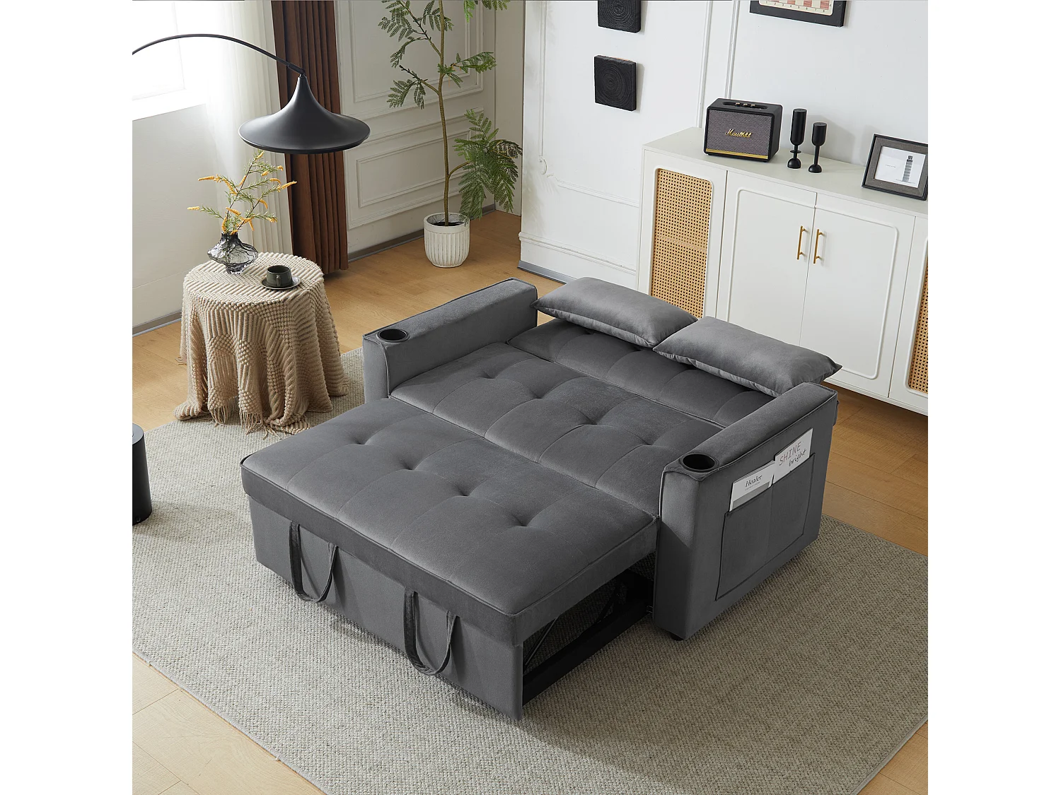 Umwandelbares Sofa, Klappschlafsofa aus Samt – 137 x 76,5 x 86 cm – mit Schlaffunktion – Grau