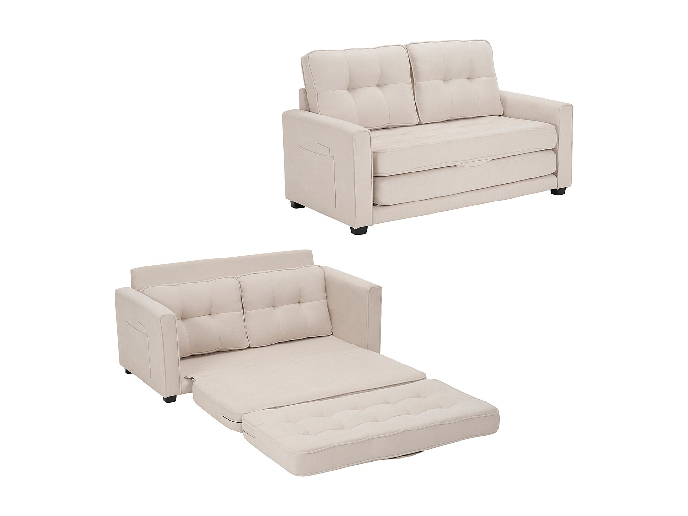 Canapé 2 Places Et Fauteuil Caserta En Tissu Beige – Style Scandinave Matelassé – Pieds En Bois, Livraison Montée