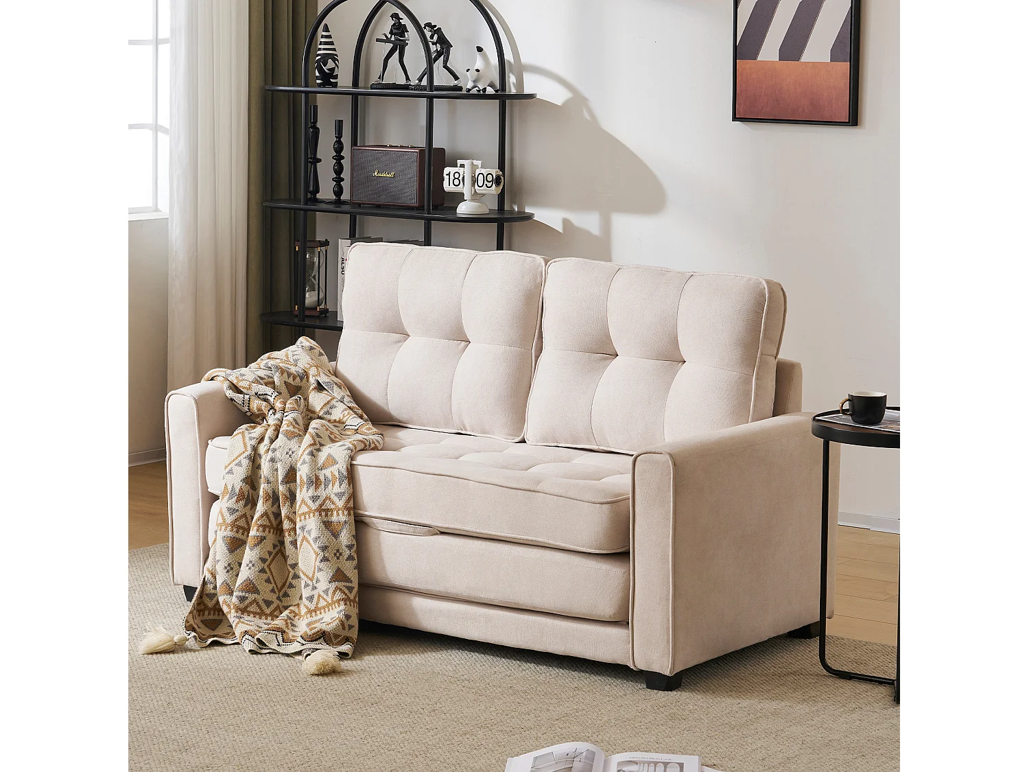 Canapé convertible 2 places avec fonction sommeil, canapé-lit - 151 x 205 x 86 cm - Tissu en lin - Beige