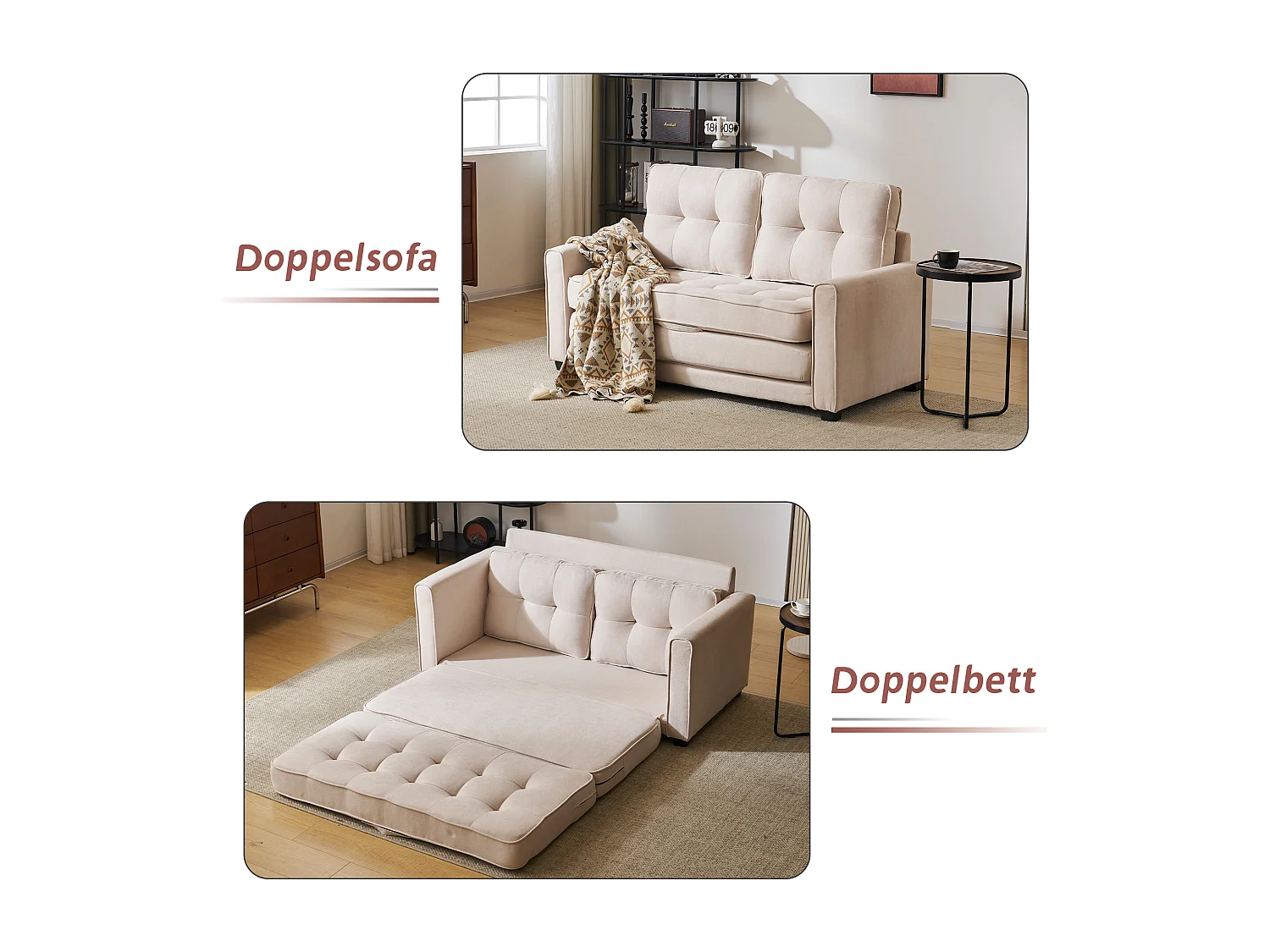 Canapé convertible 2 places avec fonction sommeil, canapé-lit - 151 x 205 x 86 cm - Tissu en lin - Beige