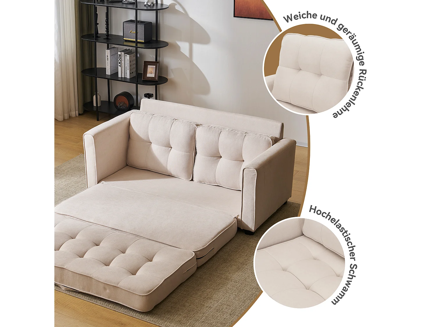 Canapé convertible 2 places avec fonction sommeil, canapé-lit - 151 x 205 x 86 cm - Tissu en lin - Beige