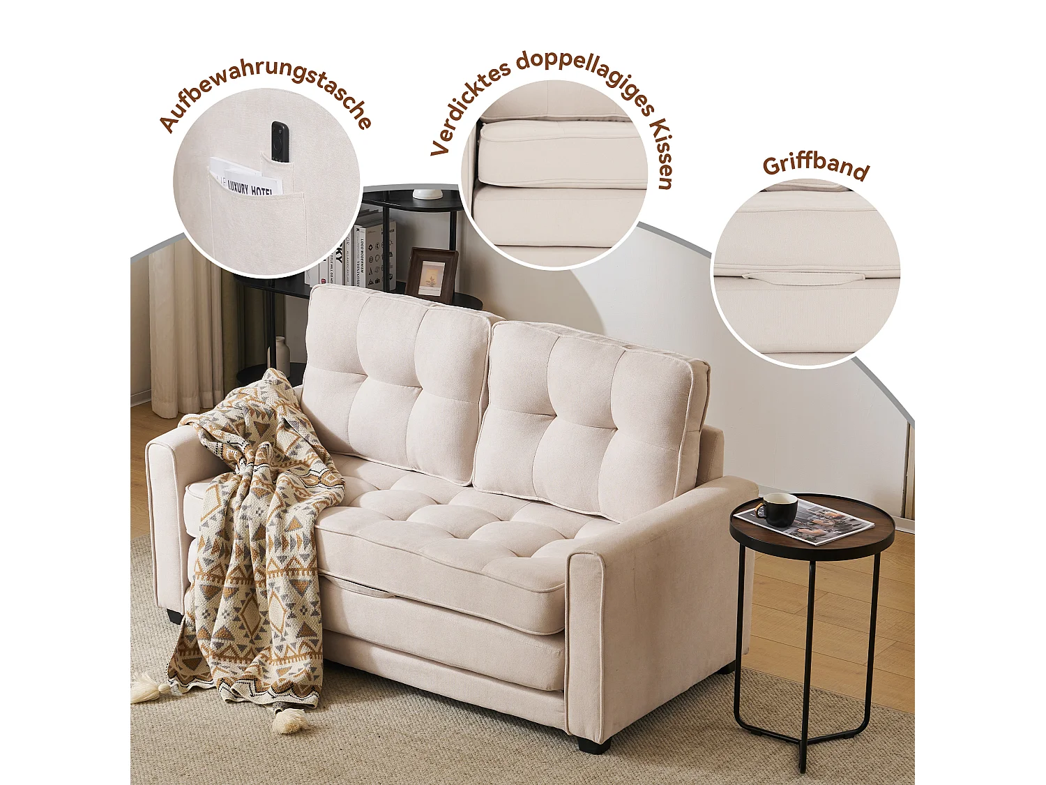 Canapé convertible 2 places avec fonction sommeil, canapé-lit - 151 x 205 x 86 cm - Tissu en lin - Beige