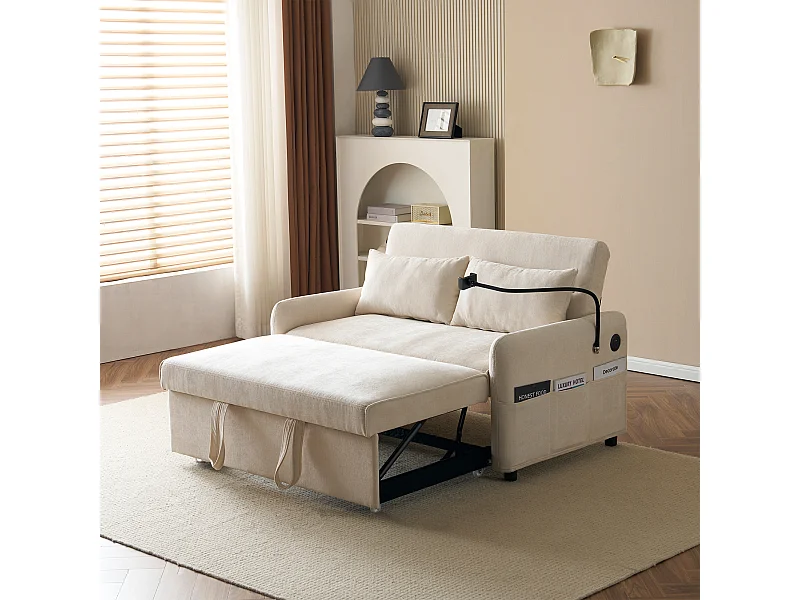Sofá conversível de 2 lugares com encosto ajustável - Suporte e tomada USB - Tecido Chenille - Função dormir - Bege
